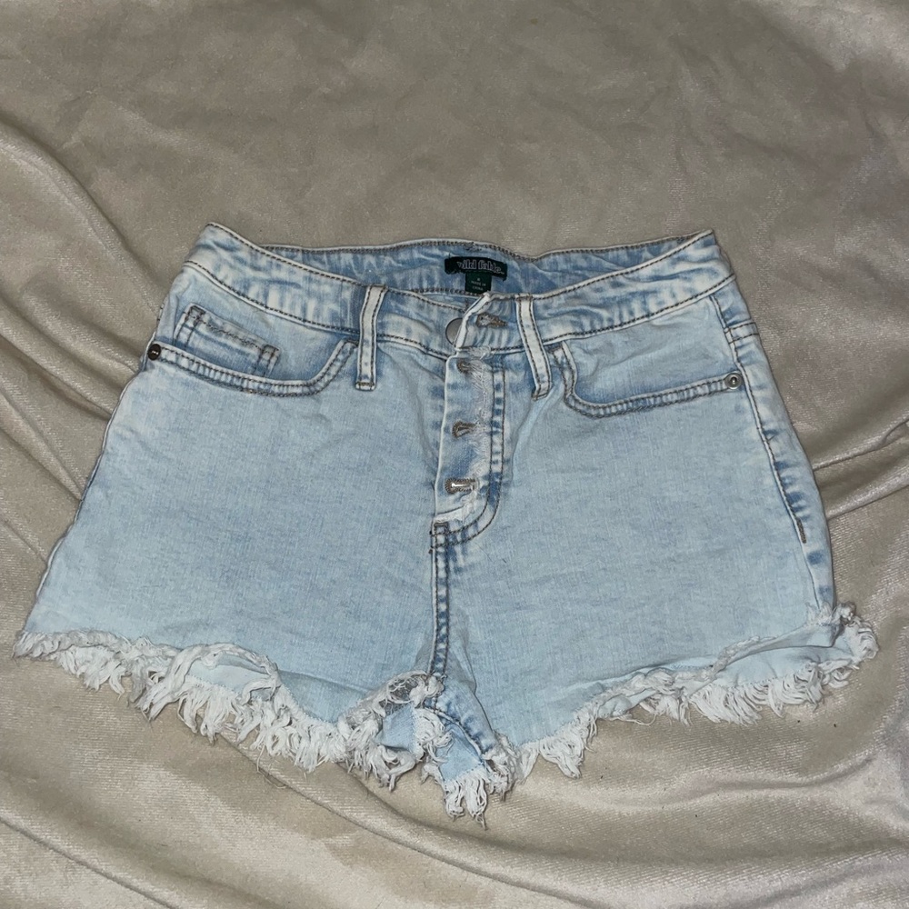 Light denim button up shorts